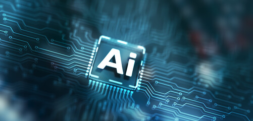 Artificial intelligence chip. Ai chipset on circuit board. Data center background