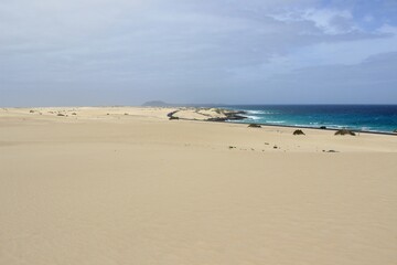 People playing in the Sahara Desert. Jumps and walks on the dunes of the Corralejo natural park.