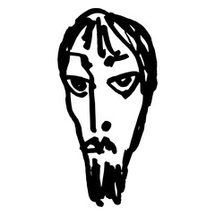 Jesus Christ. Head of a handsome young bearded man. Hand drawn linear doodle rough sketch. Black silhouette on white background.