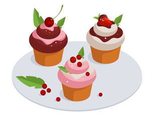 Isometric cupcakes. Sweet pastry muffins, delicious chocolate and vanilla desserts with berries 3d vector illustration set