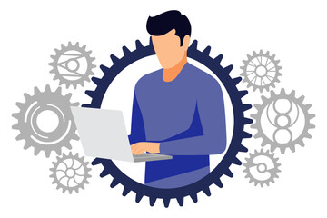Freelancer male character working with pc laptop in gear avatar with gear system isolated on white background