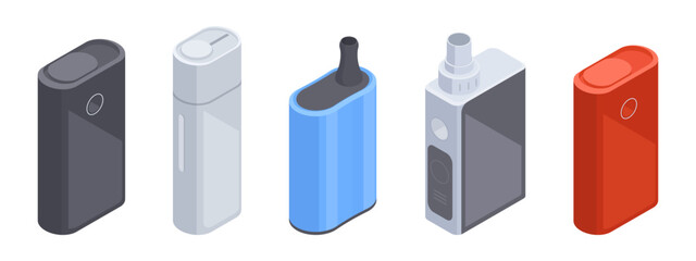 Isometric electronic cigarettes. Vape box and tobacco heating system, digital e-cigarette, vape smoke accessories 3d vector illustration set