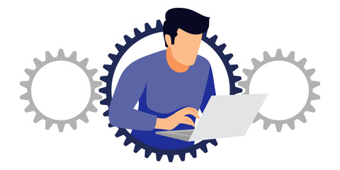 Freelancer male character working with pc laptop in gear avatar isolate with gear system