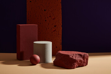 Several stone podiums with many geometric shapes and colors. Empty podium for product display...