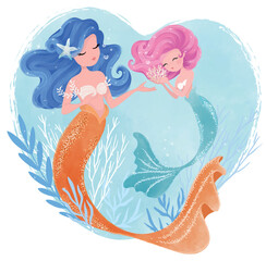 Mother and cute daughter mermaid drawing, mother's day illustration.