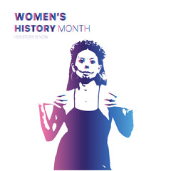 A poster for women's history month with a woman in a mask