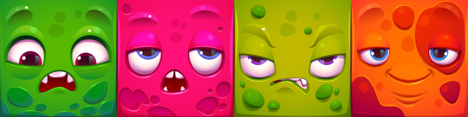 Abstract square monster face avatar with emotions cartoon vector set. Bored, cute, upset and angry alien mood expression of game mascot. Comic user emotional ui collection for chat app. © klyaksun