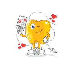 gold teeth hold love letter illustration. character vector