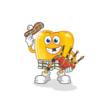 gold teeth scottish with bagpipes vector. cartoon character