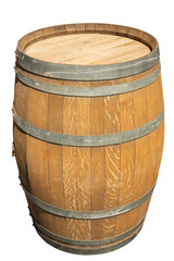 Obraz premium Old shabby wooden alcohol barrel with grey metal rings isolated on white background. side and top view.