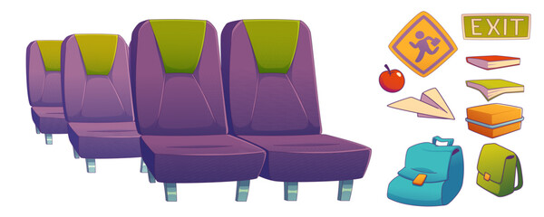 School bus seats. Train, public vehicle cabin interior set with passenger chairs, books and signs. Autobus for kids transportation inside, vector illustration in contemporary style © klyaksun