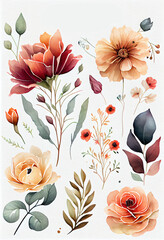 Fall autumn floral clipart, watercolor romantic style, There is space for text. Generative AI