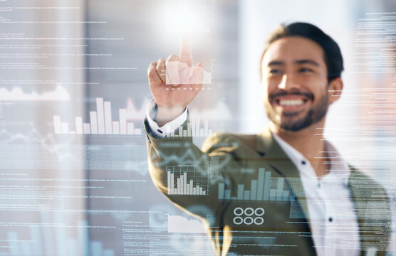 Overlay, futuristic technology or businessman with data analytics for finance, fintech and digital analysis. Chart, holographic or happy worker with financial insights on 3d screen, board or wall