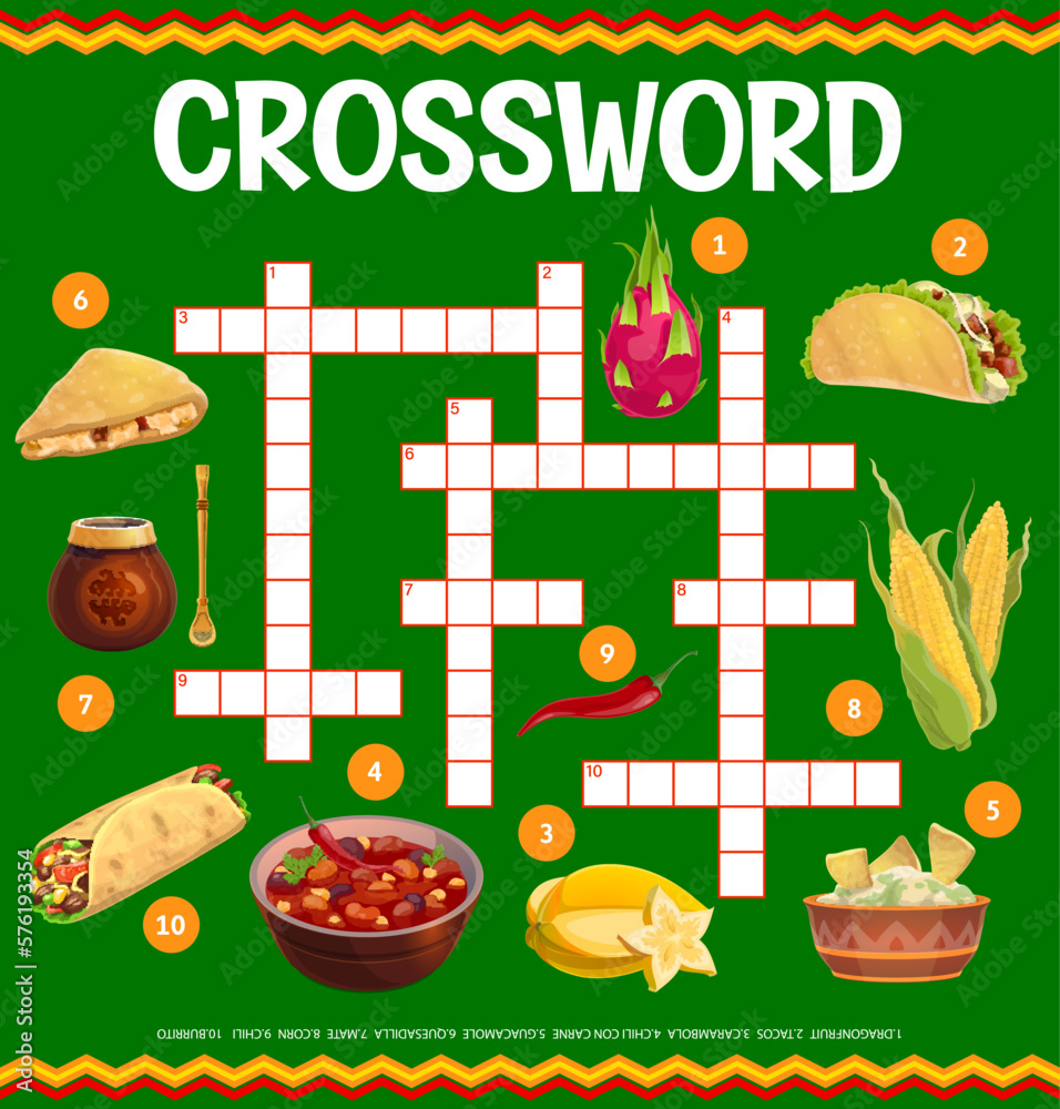 Poster Mexican cuisine food crossword grid worksheet quiz