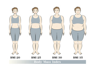 ボディマスインデックス 若い女性の体形変化 ダイエットのビフォーアフター 正面 イラスト ベクター	