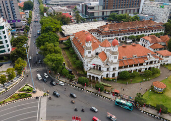Aerial view of Lawang Sewu, a historical and iconic heritage building in Semarang, Central Java, Indonesia. Art Deco architecture build in colonial era.