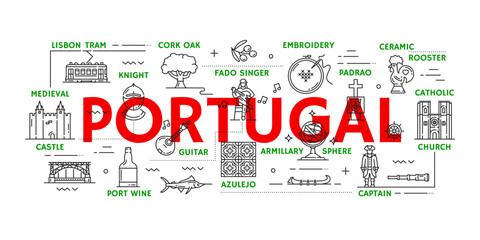 Portugal travel icons of Lisbon landmarks, tourism - obrazy, fototapety, plakaty