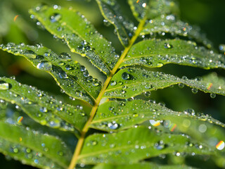 朝陽に輝く雨の雫
