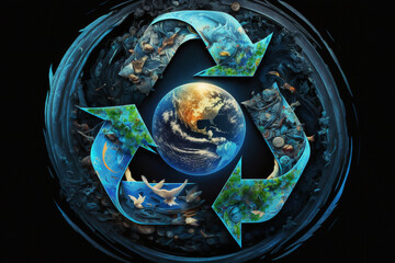 Green planet Earth with recycling symbol. Generative ai.
