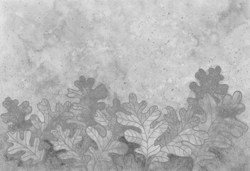 Nature banner background with oak leaves. Black and white textured oak leaves silhouettes on spotted background. Watercolor painting on textured paper. - 576194770