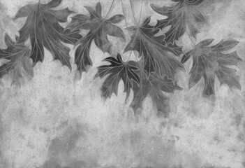 Vintage Nature banner background with maple leaves. Dark gray autumn textured maple leaves silhouettes on spotted gray background. Watercolor painting on textured paper. - 576194773