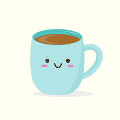 Happy cute smiling funny kawaii cup of coffee. blue kawaii cup emoji. Isolated on a light background. Vector illustration in flat cartoon style.