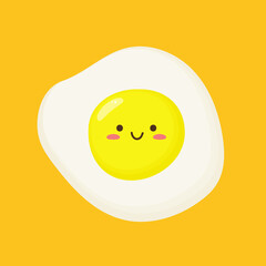 Happy cute smiling kawaii fried egg. Funny kawaii egg yolk. Fried egg character in kawaii style. Isolated on a yellow background. Vector illustration in flat cartoon style.