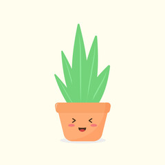 Cute and smiling potted plant kawaii character. Isolated on a light background. Vector illustration in flat cartoon style.