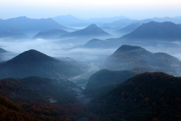 mountains in the fog