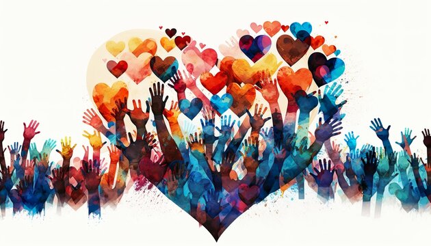 Group of multicultural people with arms and hands raised towards a hand painted heart. Charity donation and volunteer work. Support and assistance, multiethnic community. Peace on earth. Generative AI