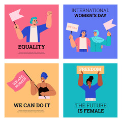 Women s rights protests, set of square posters - flat vector illustration.