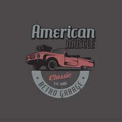 Retro car logo design. Vintage vehicle logo design concept. Retro american muscle car logo. Vintage vehicle collection logo