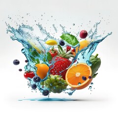 Fresh multi fruits and vegetables splashing into blue clear water splash healthy food diet freshness concept isolated white background