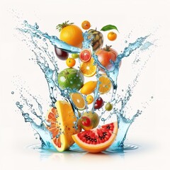 Fresh multi fruits and vegetables splashing into blue clear water splash healthy food diet freshness concept isolated white background © dhaval