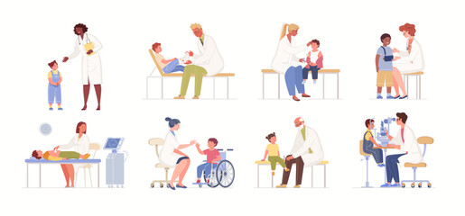 Set of illustrations "Children at doctor's appointment", isolated on white background. Collection of various pediatric physician advising patients. Vector characters flat cartoon.