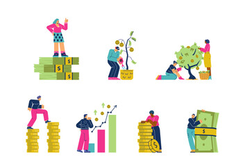 Finance growth and money making characters set vector illustration isolated.