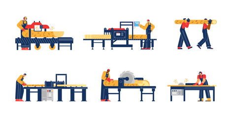 Sawmill workers cartoon characters collection flat vector illustration isolated.