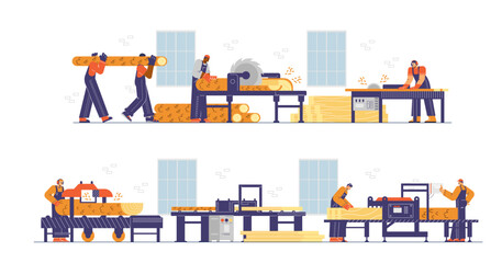 Sawmill woodworking facility house workers set flat vector illustration isolated. © Kudryavtsev