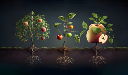 The life cycle of apple tree. Stages of growth from seed and sprout to adult plant with fruits