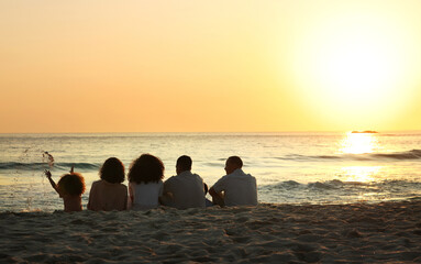 Big family, sunset view and back at beach, having fun and bonding on vacation outdoors mockup....