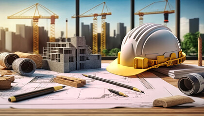 Building construction. Bluprints and building stuff concept. Generative AI