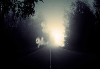 Fototapeta premium Night foggy forest road and ghosts