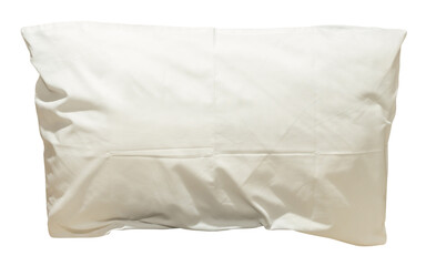White pillow with case after guest's use at hotel or resort room isolated on white background with clipping path, Concept of confortable and happy sleep in daily life