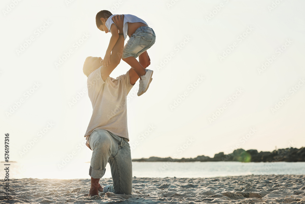 Sticker Playing, bonding and father with a child at the beach for quality time, holiday and caring in Brazil. Family, love and dad holding his son for play, activity and together at the ocean for happiness