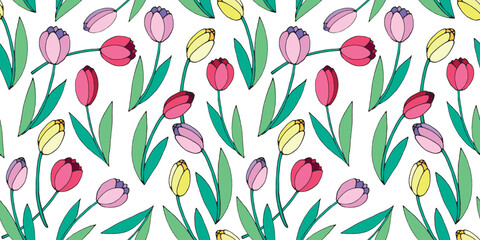 Vector bright seamless pattern with scattered red, pink, yellow tulip flowers. Spring holiday texture for wrapping paper, textile, greeting card, mother's, women's or Valentine's Day