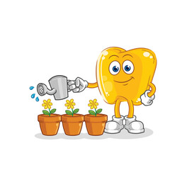 gold teeth watering the flowers mascot. cartoon vector