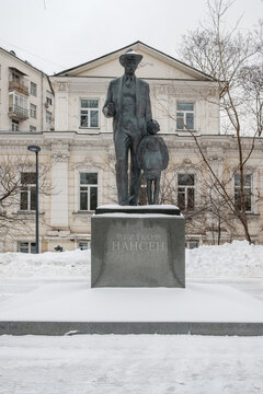 Moscow. Russia. February 25, 2023. Monument to Fridtjof Nansen in Moscow on a winter day.