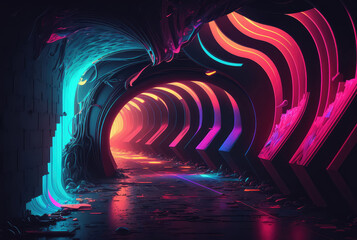 Tunnel with neon lighting. Generative AI
