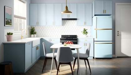 Modern kitchen featuring light blue flat front cabinets paired with white quartz countertops, dining table and furniture