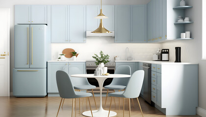 Modern kitchen featuring light blue flat front cabinets paired with white quartz countertops, dining table and furniture